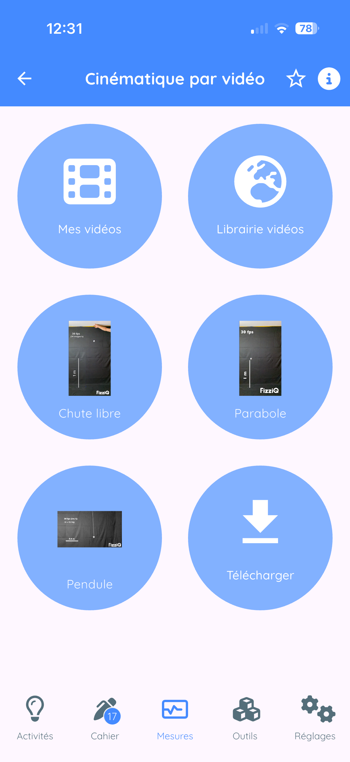 Kinematics menu